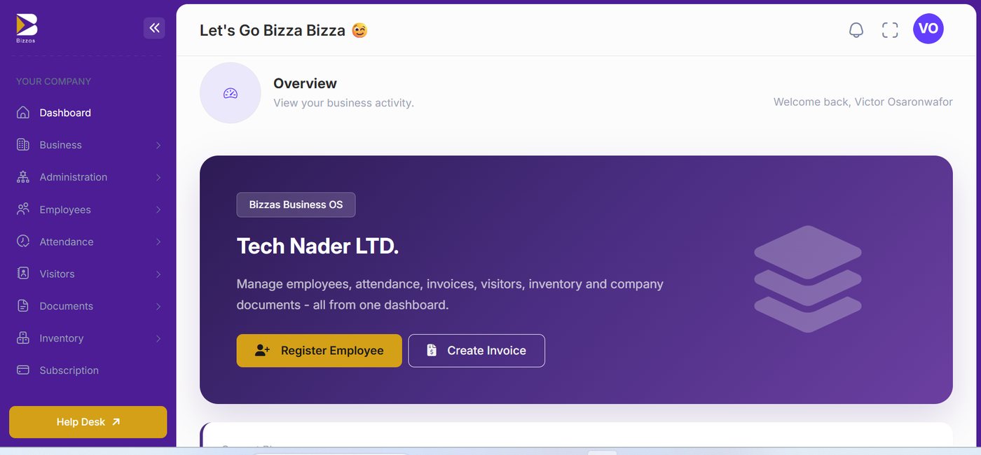 Bizzas dashboard overview