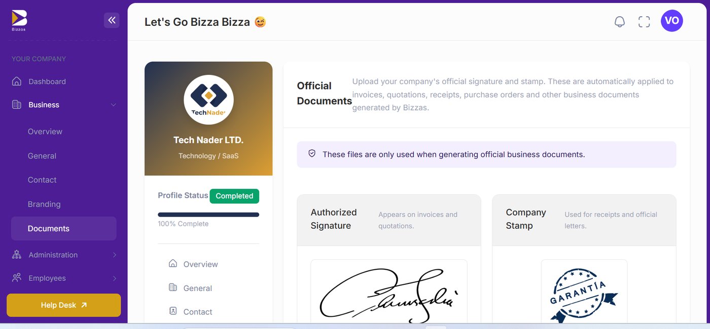 Bizzas business documents screen