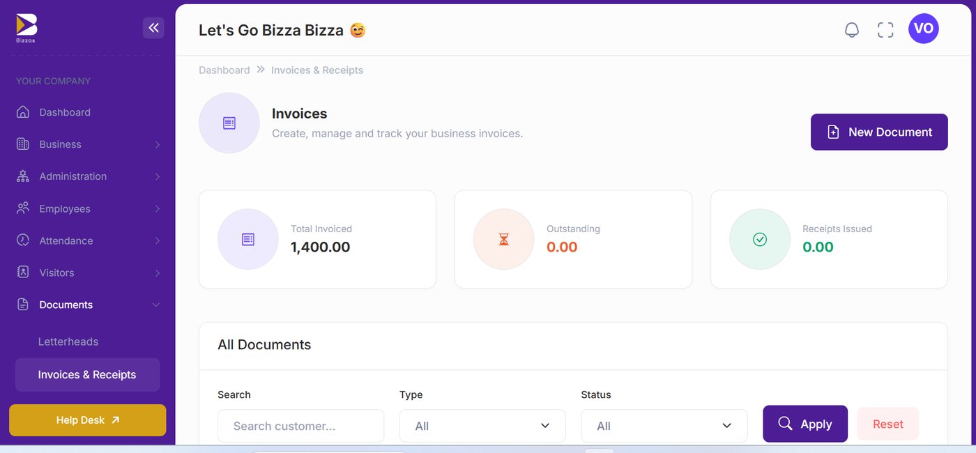 Bizzas invoices and receipts screen