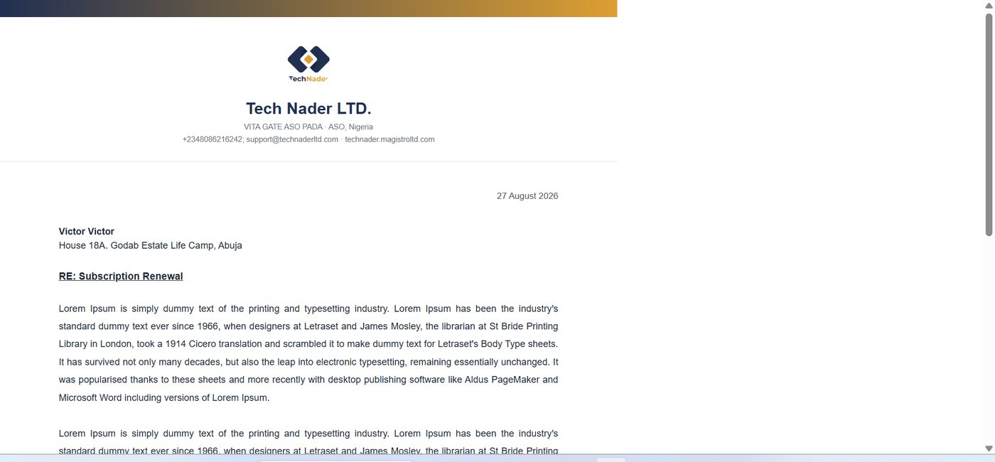 A branded letterhead generated in Bizzas