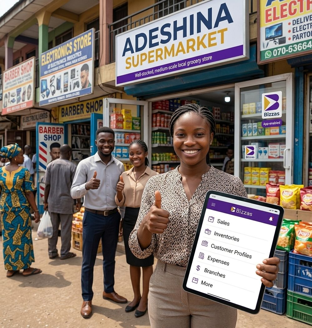 A supermarket owner showing Bizzas on a tablet outside her store